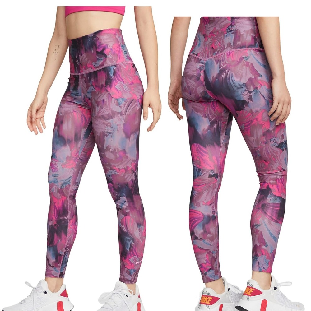 Nike Tight Floral Running Leggings Back Pocket Pants Womens Medium Cosmic Pink